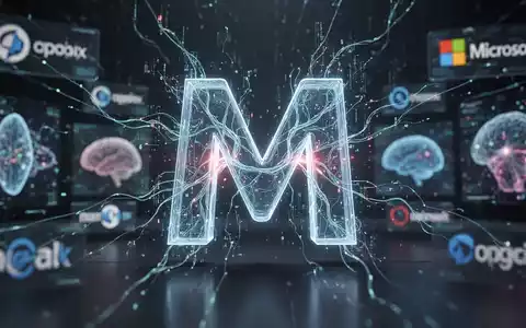 Stilisiertes Microsoft-'M'-Logo mit leuchtenden Datenströmen, umgeben von abstrakten, verschwommenen Darstellungen konkurrierender KI-Modelle. - Foto: über boerse-global.de