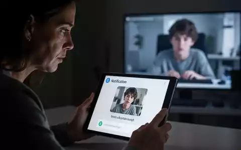 Ein besorgter Elternteil blickt auf eine Tablet-Benachrichtigung, im Hintergrund ein unscharfer Teenager am Computer. - Foto: über boerse-global.de