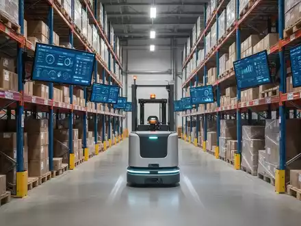 Ein modernes, hochregallager mit digitalen Bildschirmen, die Bestandsdaten anzeigen, und einem fahrerlosen Transportsystem, das sich durch einen Gang bewegt. - Foto: über boerse-global.de