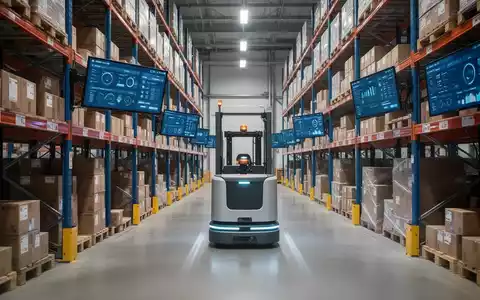 Ein modernes, hochregallager mit digitalen Bildschirmen, die Bestandsdaten anzeigen, und einem fahrerlosen Transportsystem, das sich durch einen Gang bewegt. - Foto: über boerse-global.de