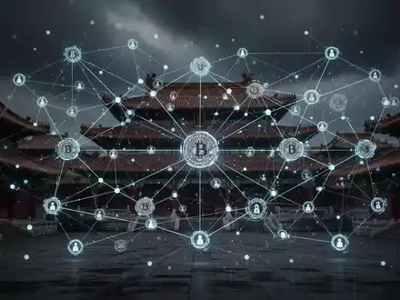 Digitale Illustration eines weitläufigen, vernetzten Systems betrügerischer Kryptowährungs-Domains mit subtilen chinesischen Architekturmotiven. - Foto: über boerse-global.de