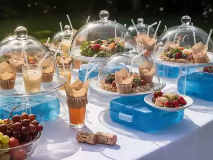 Ein eleganter gedeckter Sommertisch im Freien mit abgedeckten Speisen und Getränken, um Insekten fernzuhalten. - Foto: über boerse-global.de