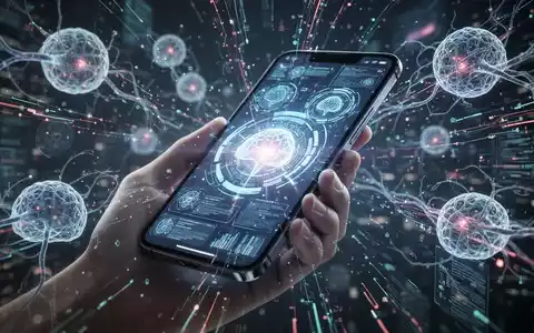 Eine Hand hält ein elegantes, futuristisches Smartphone mit leuchtenden KI-Elementen und digitalen neuronalen Netzwerken im Hintergrund. - Foto: über boerse-global.de