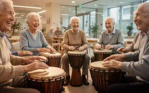 Ältere Menschen nehmen an einer therapeutischen Trommelsitzung teil, spielen Djembes und andere Perkussionsinstrumente mit Freude. - Foto: über boerse-global.de