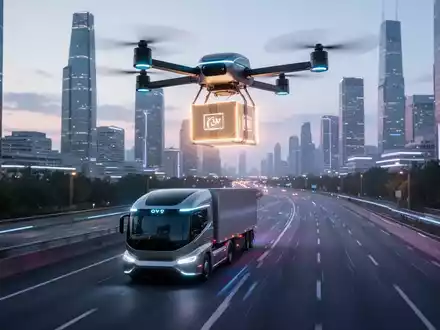 Autonome Drohne und LKW liefern Pakete in einer futuristischen Stadtlandschaft bei Sonnenuntergang, symbolisierend moderne Logistik. - Foto: über boerse-global.de