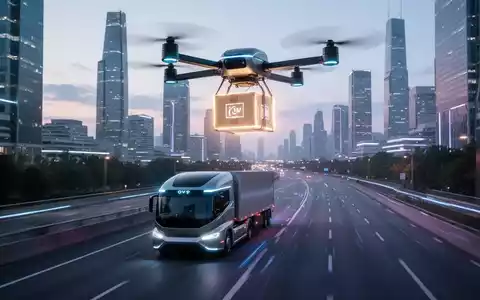 Autonome Drohne und LKW liefern Pakete in einer futuristischen Stadtlandschaft bei Sonnenuntergang, symbolisierend moderne Logistik. - Foto: über boerse-global.de