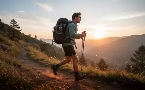 Eine Person mit einem beladenen Rucksack wandert auf einem malerischen Weg bei Sonnenaufgang, symbolisierend Ausdauer und Gesundheit. - Foto: über boerse-global.de