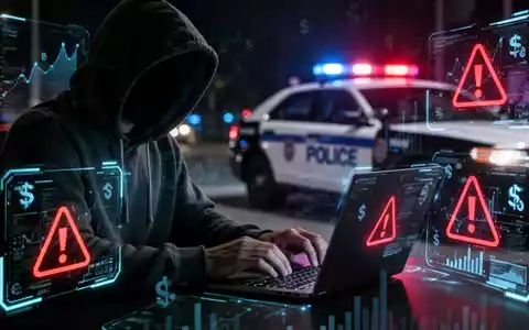 Eine Person im Hoodie tippt auf einem Laptop, umgeben von digitalen Finanzsymbolen und Warnzeichen, im Hintergrund ein Polizeiauto. - Foto: über boerse-global.de