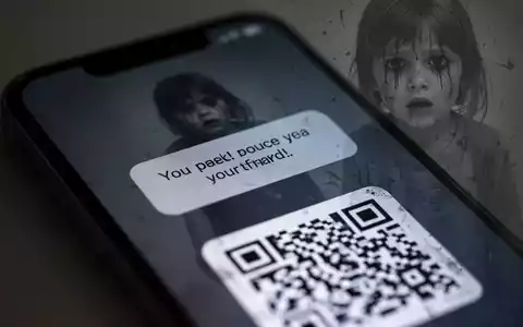Ein Smartphone-Bildschirm zeigt eine verschwommene, bedrohliche Nachricht und einen QR-Code, mit einer Kindersilhouette im Hintergrund. - Foto: über boerse-global.de