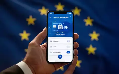 Eine Hand hält ein Smartphone mit einer digitalen Geldbörsen-Oberfläche, die die EUDI-Brieftasche symbolisiert, im Hintergrund eine verschwommene EU-Flagge. - Foto: über boerse-global.de