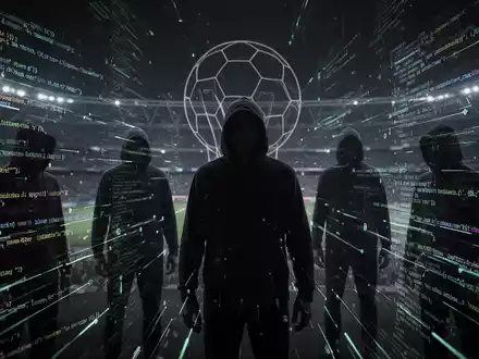 Schattenhafte Figuren zwischen leuchtendem Code und Datenströmen, die gestohlene Konten im Darknet darstellen, mit einem Hauch von Fußballstadion. - Foto: über boerse-global.de