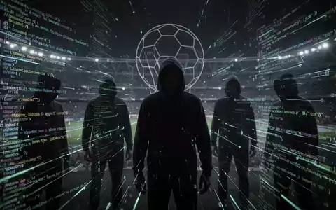 Schattenhafte Figuren zwischen leuchtendem Code und Datenströmen, die gestohlene Konten im Darknet darstellen, mit einem Hauch von Fußballstadion. - Foto: über boerse-global.de