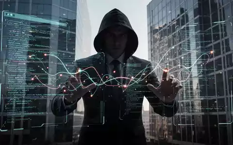 Eine schattenhafte Figur im Business-Anzug manipuliert digitale Schnittstellen und zielt auf ein Firmengebäude ab, was einen 'Boss Scam'-Cyberbetrug symbolisiert. - Foto: über boerse-global.de