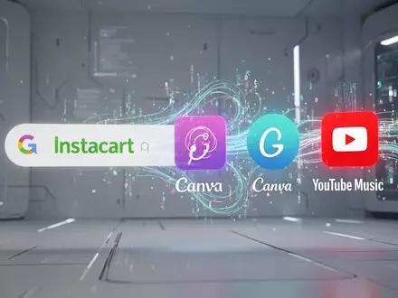 Eine Google-Suchleiste verwandelt sich in App-Symbole für Instacart, Canva und YouTube Music, verbunden durch fließende digitale Datenströme. - Foto: über boerse-global.de