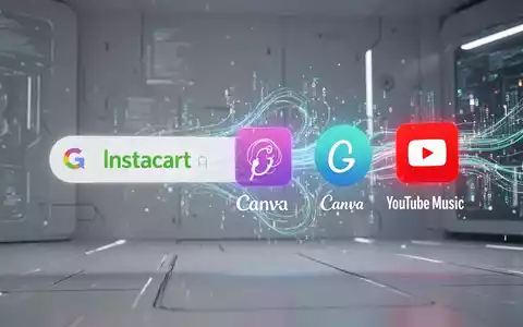 Eine Google-Suchleiste verwandelt sich in App-Symbole für Instacart, Canva und YouTube Music, verbunden durch fließende digitale Datenströme. - Foto: über boerse-global.de
