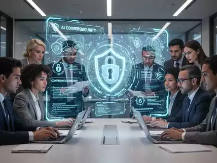 Mitarbeiter in einem modernen Büro, die sich mit digitaler Sicherheit und KI-Compliance-Schulungen beschäftigen, symbolisiert durch eine holografische Projektion. - Foto: über boerse-global.de