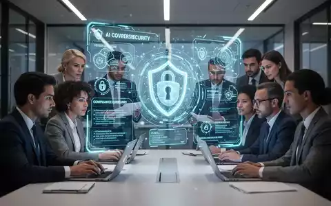 Mitarbeiter in einem modernen Büro, die sich mit digitaler Sicherheit und KI-Compliance-Schulungen beschäftigen, symbolisiert durch eine holografische Projektion. - Foto: über boerse-global.de