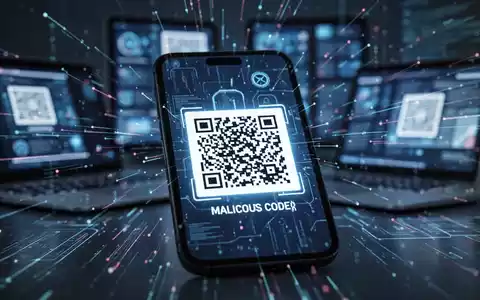 Ein Smartphone-Bildschirm zeigt einen bösartigen QR-Code, umgeben von verschwommenen digitalen Geräten und Datenströmen. - Foto: über boerse-global.de