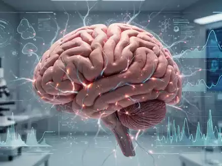 Nahaufnahme eines menschlichen Gehirns mit leuchtenden neuronalen Pfaden und abstrakten Datenvisualisierungen in einer Forschungsumgebung. - Foto: über boerse-global.de