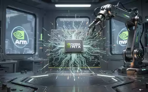 Ein leuchtender NVIDIA RTX Spark Superchip mit komplexen Schaltkreisen, gehalten von einem Roboterarm in einem Hightech-Labor. - Foto: über boerse-global.de