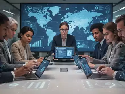 Eine vielfältige Gruppe von Geschäftsleuten arbeitet in einem modernen Büro, das globale Onboarding-Strategien und digitale Compliance symbolisiert. - Foto: über boerse-global.de