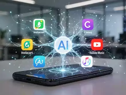 Leuchtende neuronale Netzwerkschnittstelle auf Smartphone-Bildschirm mit App-Icons für Instacart, Canva und YouTube Music, verbunden mit Google-AI-Logo. - Foto: über boerse-global.de