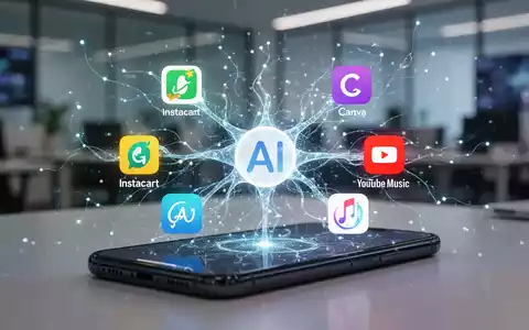 Leuchtende neuronale Netzwerkschnittstelle auf Smartphone-Bildschirm mit App-Icons für Instacart, Canva und YouTube Music, verbunden mit Google-AI-Logo. - Foto: über boerse-global.de