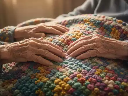 Ältere Hände berühren sanft eine bunte, strukturierte Demenzdecke, umgeben von warmem Licht, das Trost und taktile Stimulation suggeriert. - Foto: über boerse-global.de