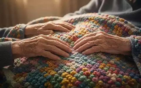 Ältere Hände berühren sanft eine bunte, strukturierte Demenzdecke, umgeben von warmem Licht, das Trost und taktile Stimulation suggeriert. - Foto: über boerse-global.de