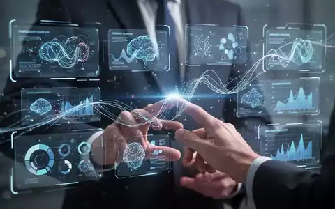 Fachkundige Hände interagieren mit holografischer Oberfläche, die Präsentationsfolien und KI-generierte visuelle Assets zeigt. - Foto: über boerse-global.de