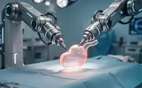 Ein Roboterarm, der eine transparente Prostata auf einem Operationstisch manipuliert, symbolisiert minimalinvasive Urologie und fortgeschrittene Medizintechnik. - Foto: über boerse-global.de