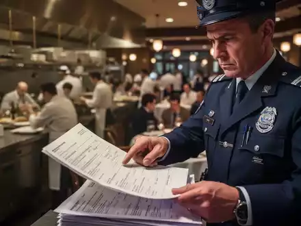 Ein Zollbeamter überprüft in einem Restaurant oder auf einer Veranstaltung Dokumente, was die Einhaltung von Vorschriften symbolisiert. - Foto: über boerse-global.de