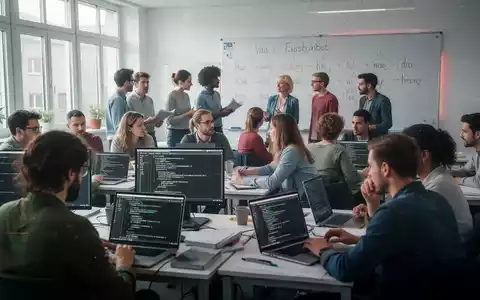 Erwachsene lernen in einem modernen Klassenzimmer, einige mit Laptops, andere in Gruppen. Eine Tafel zeigt Sprachübungen. - Foto: über boerse-global.de