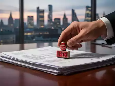 Eine Hand stempelt ein Dokument mit einem Steuersymbol vor dem Hintergrund einer modernen Stadt bei Sonnenuntergang. - Foto: über boerse-global.de