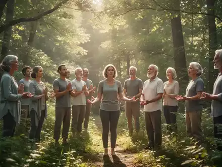 Eine Gruppe Erwachsener nimmt an einem geführten Spaziergang in einem Wald teil, der Ruhe und Lernen vermittelt. - Foto: über boerse-global.de