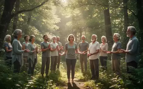 Eine Gruppe Erwachsener nimmt an einem geführten Spaziergang in einem Wald teil, der Ruhe und Lernen vermittelt. - Foto: über boerse-global.de
