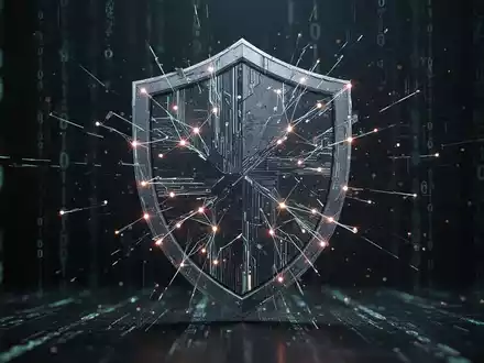 Digitaler Schild aus leuchtenden, fragmentierten Linien, symbolisiert Cybersicherheit und das Schließen von Sicherheitslücken. Dunkler Hintergrund. - Foto: über boerse-global.de