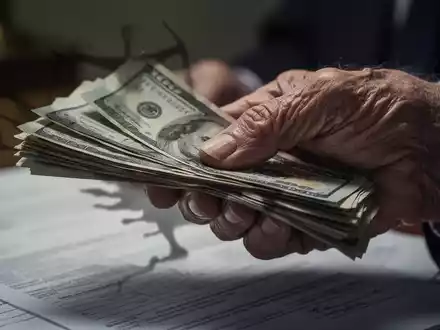 Nahaufnahme einer alten Hand, die einen Geldstapel hält, mit einem dunklen, bedrohlichen Schatten, der darauf fällt, als Symbol für Finanzbetrug. - Foto: über boerse-global.de