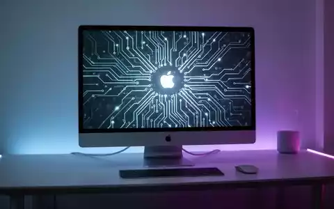 Apple Studio Display auf einem Schreibtisch, leuchtendes Leiterplattenmuster auf dem Bildschirm, symbolisiert Treiber-Update. Computer-Setup in der Nähe. - Foto: über boerse-global.de