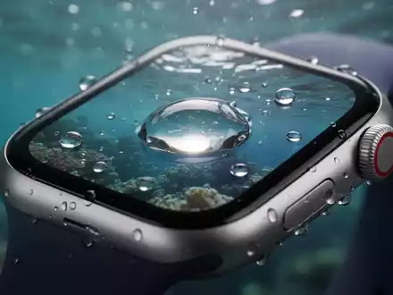 Nahaufnahme eines Apple Watch-Zifferblatts mit einem Wassertropfen auf dem Bildschirm, das die Wasserbeständigkeit des Geräts zeigt. - Foto: über boerse-global.de