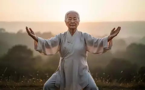 Eine ältere asiatische Person in traditioneller Kleidung führt ruhige Qigong-Übungen bei Sonnenaufgang in einer ruhigen Naturkulisse aus. - Foto: über boerse-global.de