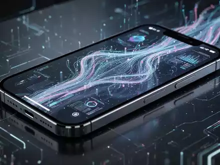 Nahaufnahme eines modernen Apple iPhone-Bildschirms mit generativer KI-Oberfläche und leuchtenden, abstrakten Datenmustern. - Foto: über boerse-global.de