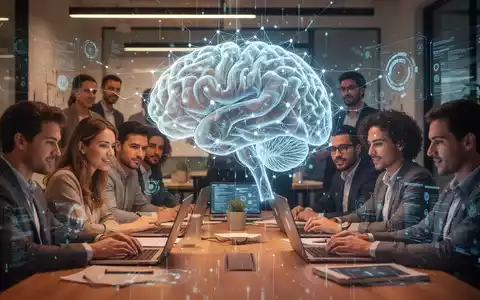 Eine Gruppe von Fachleuten in einer modernen Lernumgebung, überlagert von einem stilisierten, leuchtenden neuronalen Netzwerk, das KI-Integration symbolisiert. - Foto: über boerse-global.de