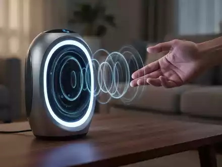 Futuristischer smarter Lautsprecher mit leuchtenden Schallwellen, die mit einer menschlichen Hand interagieren, in modernem Wohnambiente. - Foto: über boerse-global.de