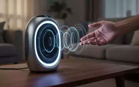 Futuristischer smarter Lautsprecher mit leuchtenden Schallwellen, die mit einer menschlichen Hand interagieren, in modernem Wohnambiente. - Foto: über boerse-global.de