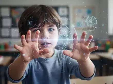 Kinderhände interagieren mit einer leuchtenden digitalen Oberfläche, die KI-Suche und potenzielle Risiken für junge Nutzer symbolisiert. - Foto: über boerse-global.de