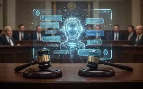 Leuchtende Chatbot-Oberfläche über verschwommenem Gerichtssaal, Hammer auf dunklem Holztisch, symbolisiert rechtliche Auswirkungen von KI. - Foto: über boerse-global.de