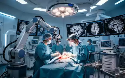 Ein futuristischer Operationssaal mit einem Roboterarm, der einem Chirurgen bei einer Schlaganfallintervention assistiert, umgeben von hochmoderner Medizintechnik. - Foto: über boerse-global.de