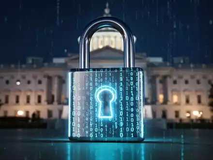 Digitales Vorhängeschloss mit Binärcode über einem Regierungsgebäude bei Nacht, symbolisiert einen Cyberangriff auf Regierungssysteme. - Foto: über boerse-global.de