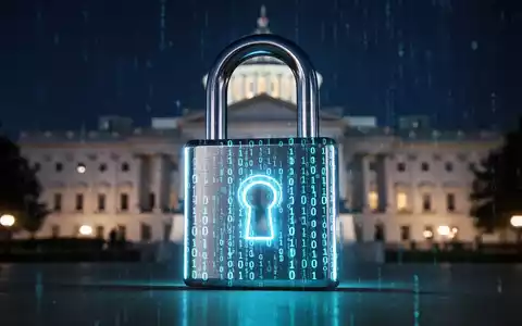 Digitales Vorhängeschloss mit Binärcode über einem Regierungsgebäude bei Nacht, symbolisiert einen Cyberangriff auf Regierungssysteme. - Foto: über boerse-global.de